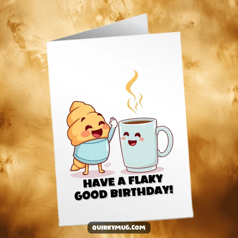 Funny Free Printable Birthday Card: A happy croissant character enthusiastically reaching for a high-five with a bewildered coffee mug.