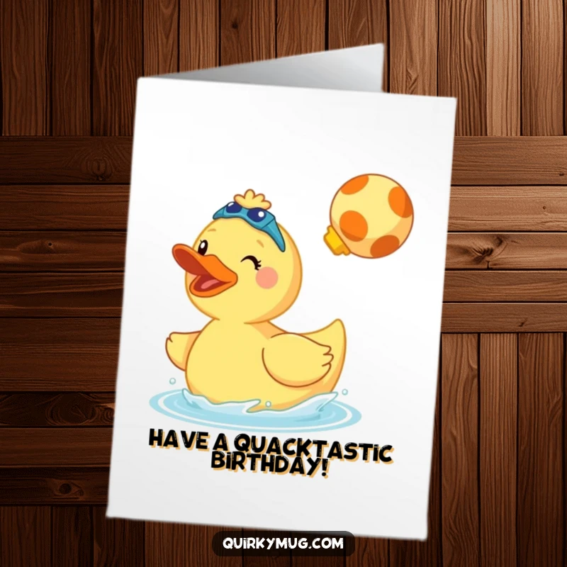 Funny Free Printable Birthday Card: Cheerful giant rubber duck in swim fins does a cannonball, wishing happy birthday.