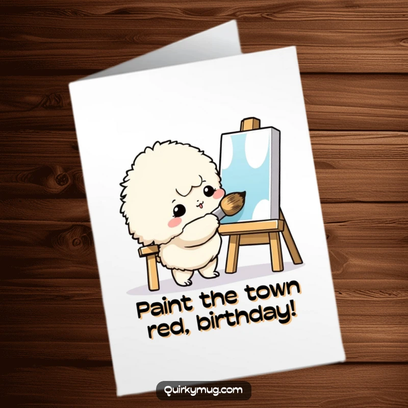 Funny Free Printable Birthday Card: A small fluffy creature tackles a tiny canvas with an oversized giant brush, looking focused.