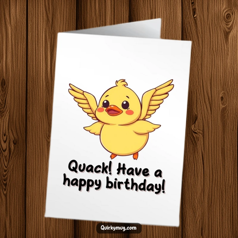 Funny free printable birthday card: Bewildered rubber duck flapping its wings, attempting to fly with determined effort.