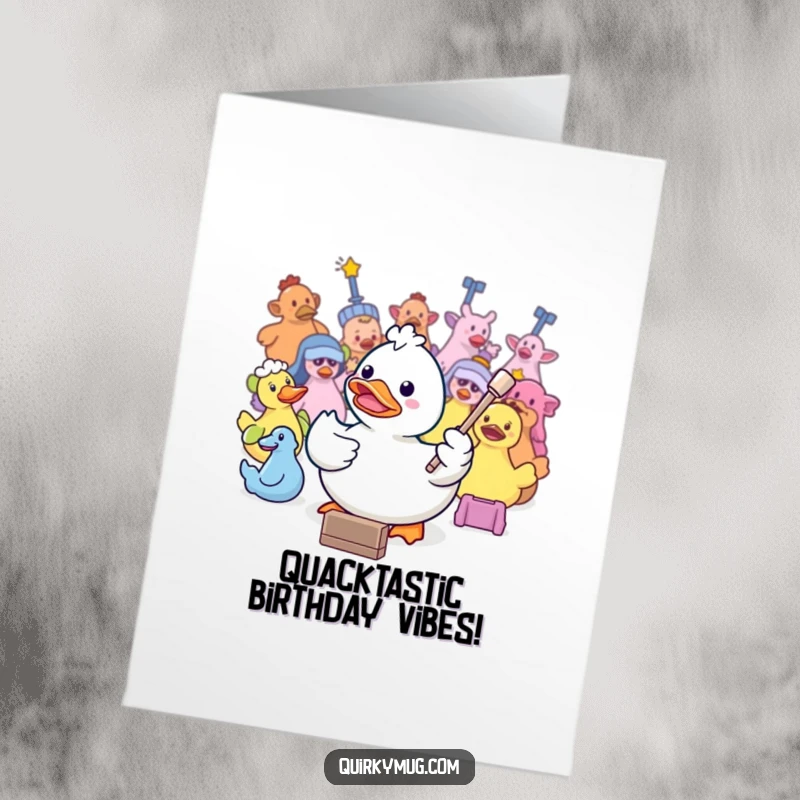 Funny Free Printable Birthday Card: Kawaii rubber duck conductor enthusiastically leading a bath toy orchestra with a tiny baton.