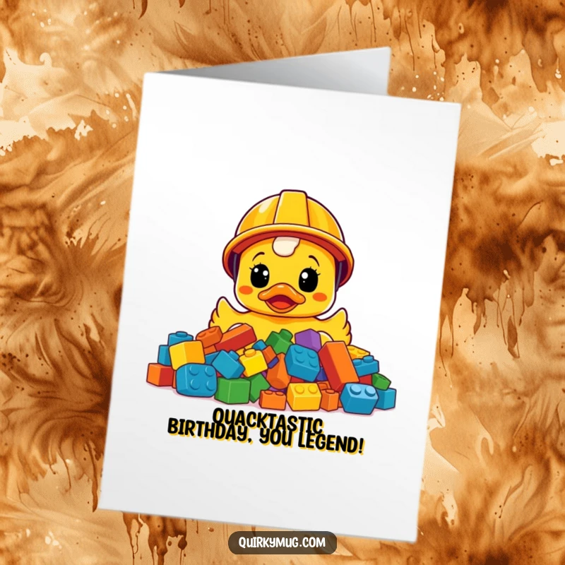 Funny Free Printable Birthday Card: Rubber ducky in construction helmet, surprised by LEGOs, ready to download.