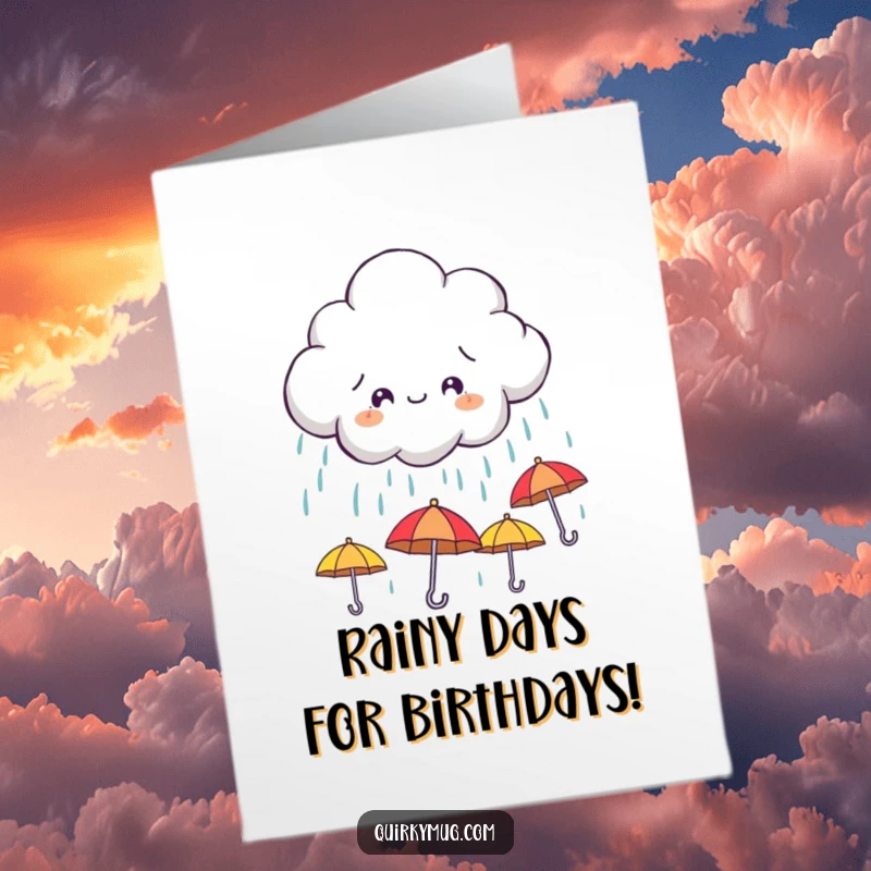 Funny Free Printable Birthday Card: Mischievous cloud character raining down tiny, smiling umbrellas, bringing cheer.