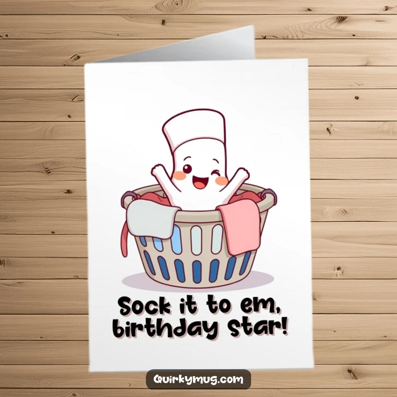 Funny Free Printable Birthday Card: Cheerful sock character leaping from laundry basket, a hilarious downloadable gift for friends.
