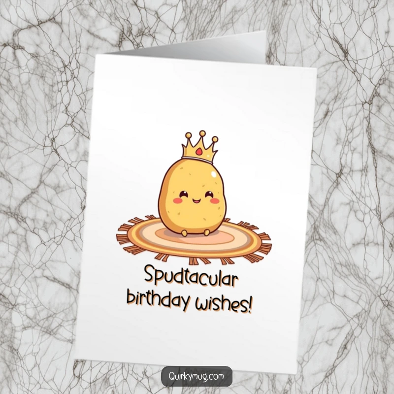 Funny Free Printable Birthday Card: Smiling potato king sliding gleefully on a rug, celebrating a majestic birthday.