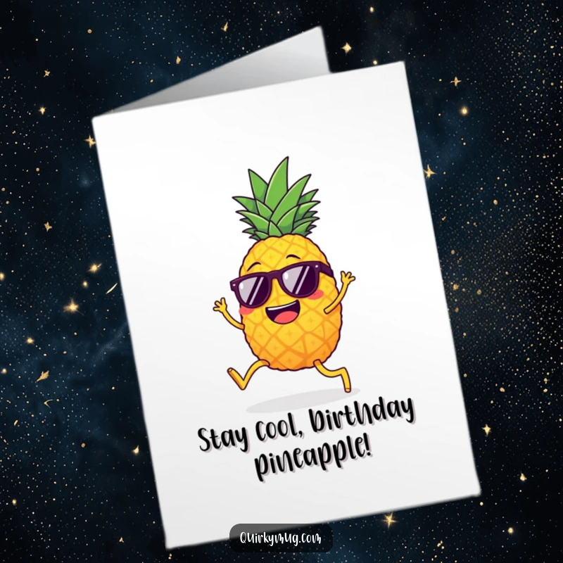 Funny Free Printable Birthday Card: Giggling pineapple with legs, wearing sunglasses, doing the limbo.