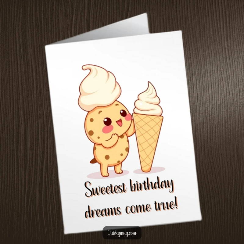 Funny Free Printable Birthday Card: A Kawaii cookie faces a giant ice cream cone, a sweet downloadable gift.