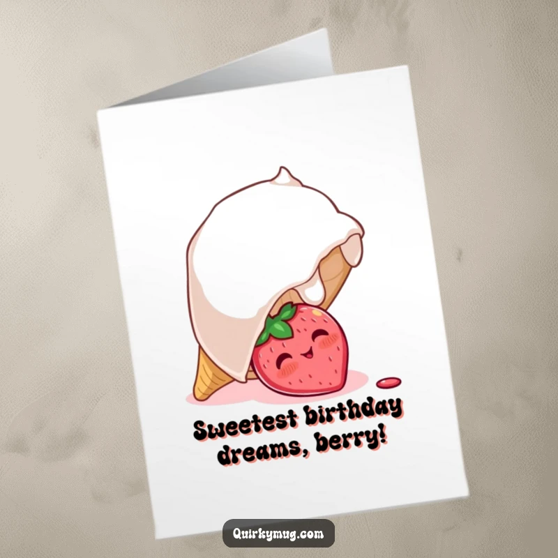 Funny Free Printable Birthday Card: Blushing strawberry character peeking out shyly from beneath a huge, overturned ice cream cone.