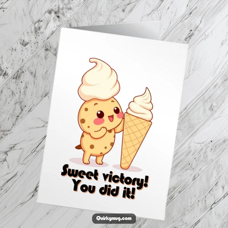 Funny Free Printable Congratulations Card depicting a Kawaii cookie tackling a giant ice cream cone, a delightful downloadable gift.