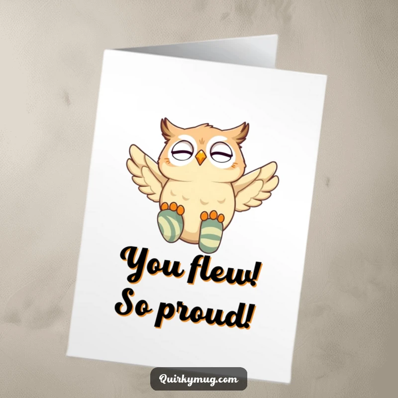 Funny Free Printable Congratulations Card: An owl is mid-air, giggling, trying to fly with oversized, mismatched socks.
