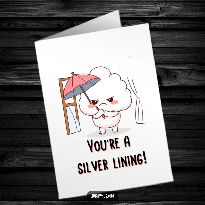 Free printable congratulations card with a grumpy cloud character holding a small umbrella indoors, a humorous take on celebrating indoors.
