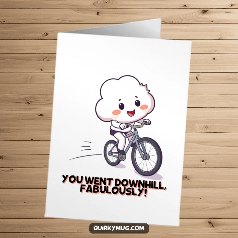 Funny free printable congratulations card showing a cloud character crashing a bicycle downhill. Perfect for celebrating with humor.