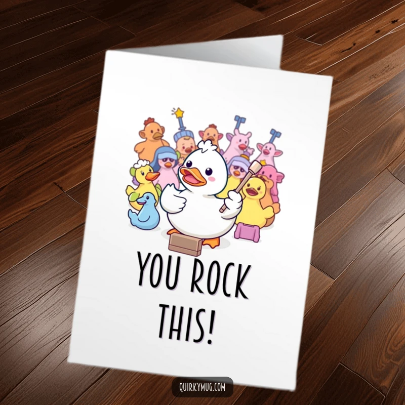 Funny Free Printable Congratulations Card: Kawaii rubber duck conductor leading bath toys in a celebratory performance.