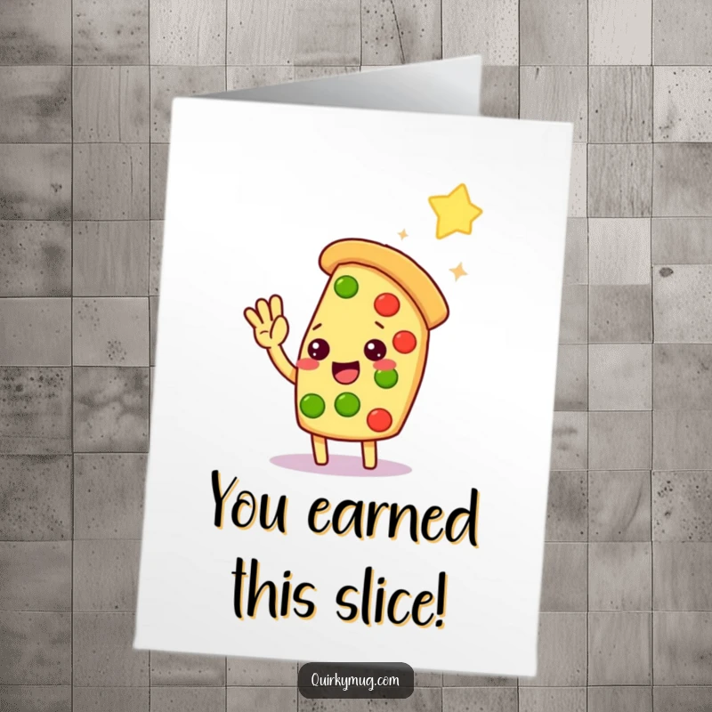 Funny Free Printable Congratulations Card: Kawaii pizza slice straining to high-five a distant star, celebrating success.