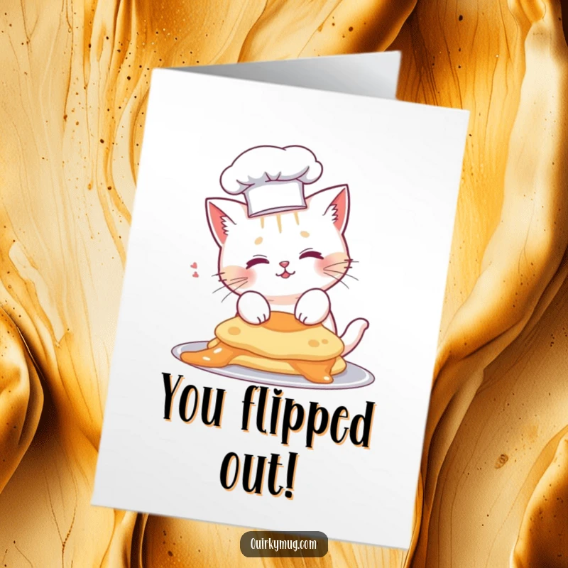 Funny Free Printable Congratulations Card: Cat chef with hat, pancake on head, celebrating achievement.