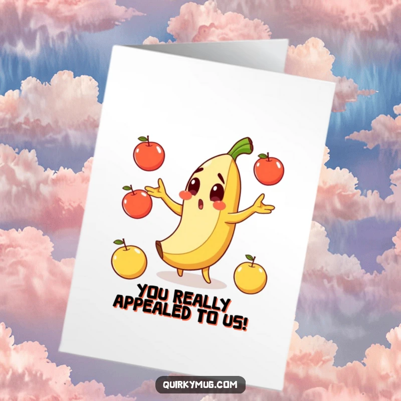 Funny Free Printable Congratulations Card: A surprised banana character hilariously slips on its own peel while juggling apples.