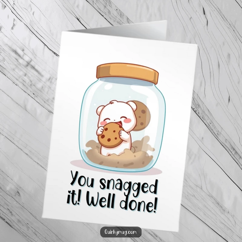 Funny Free Printable Congratulations Card: A tiny creature celebrates sneaking a giant cookie, a symbol of sweet victory.