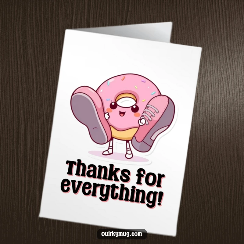 Funny Free Printable Thank You Card: A donut character looking comical in oversized shoes, conveying thanks.