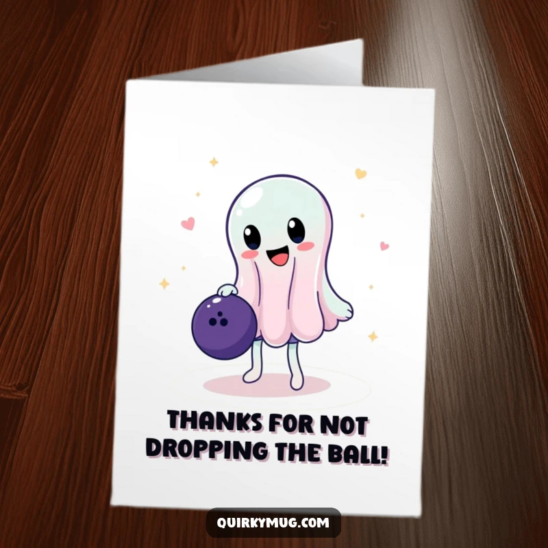 Funny Free Printable Thank You Card: A wobbly jelly character balances a bowling ball, a funny thanks.