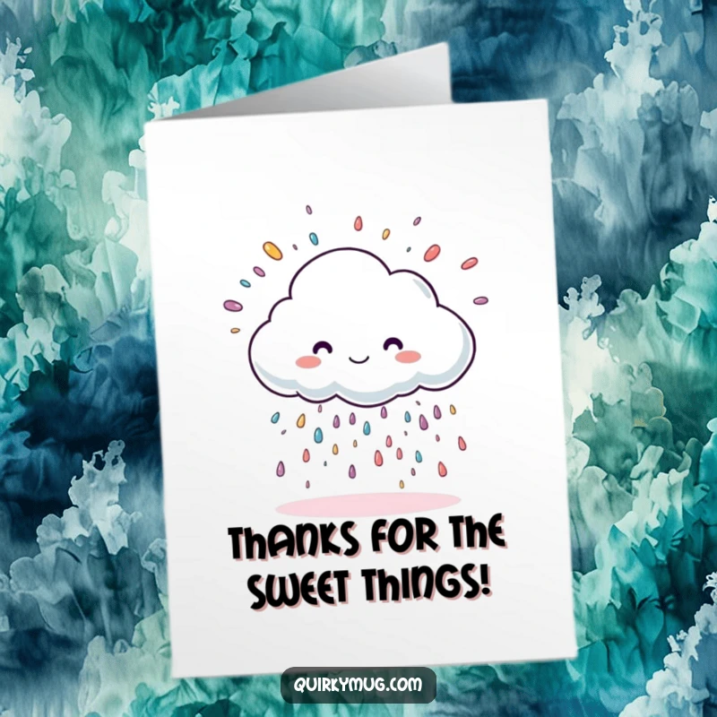 Funny Free Printable Thank You Card: A cloud character raining oversized sprinkles as a sweet gesture of thanks.