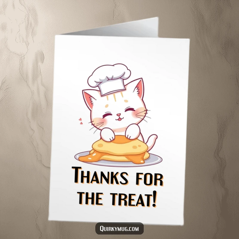 Funny Free Printable Thank You Card: Cat chef with hat, pancake flipped on head, expressing thanks.