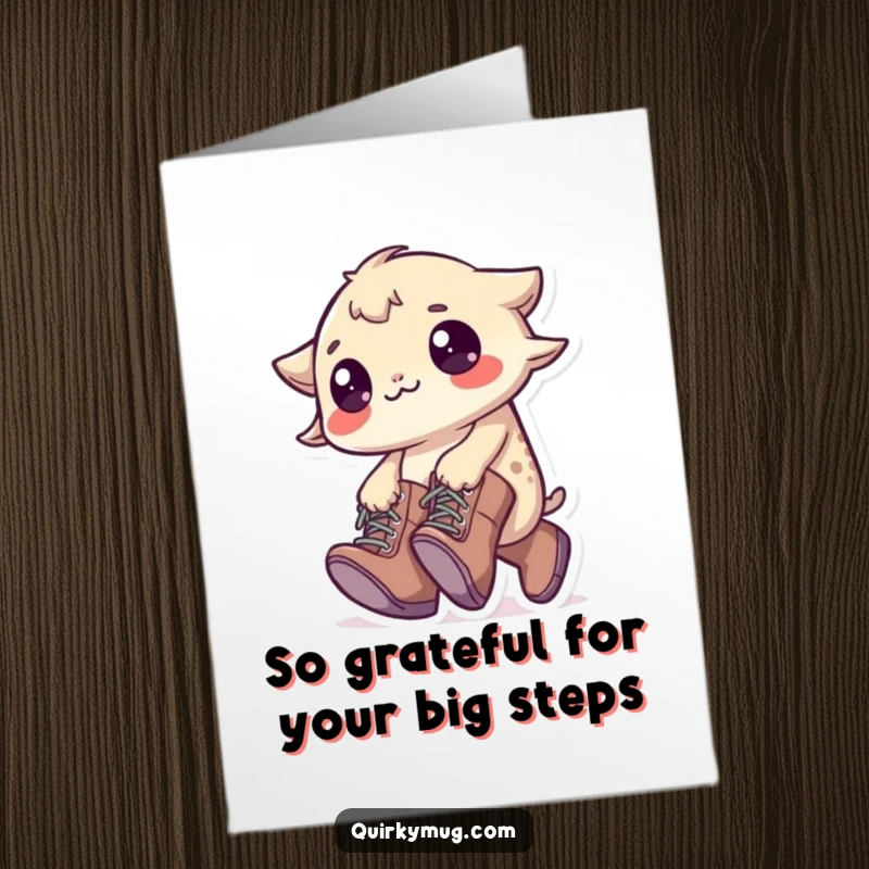 Funny Free Printable Thank You Card: A little creature wearing oversized boots trips over its own feet, offering a clumsy thank you.