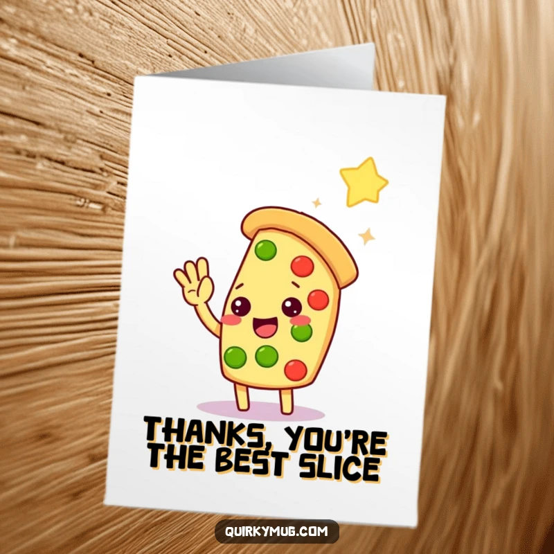 Funny Free Printable Thank You Card: Kawaii pizza slice reaching for a distant star, offering thanks.