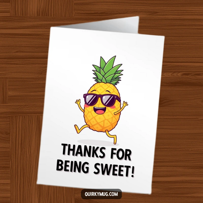 Funny Free Printable Thank You Card: Giggling pineapple with legs, wearing sunglasses, doing the limbo.