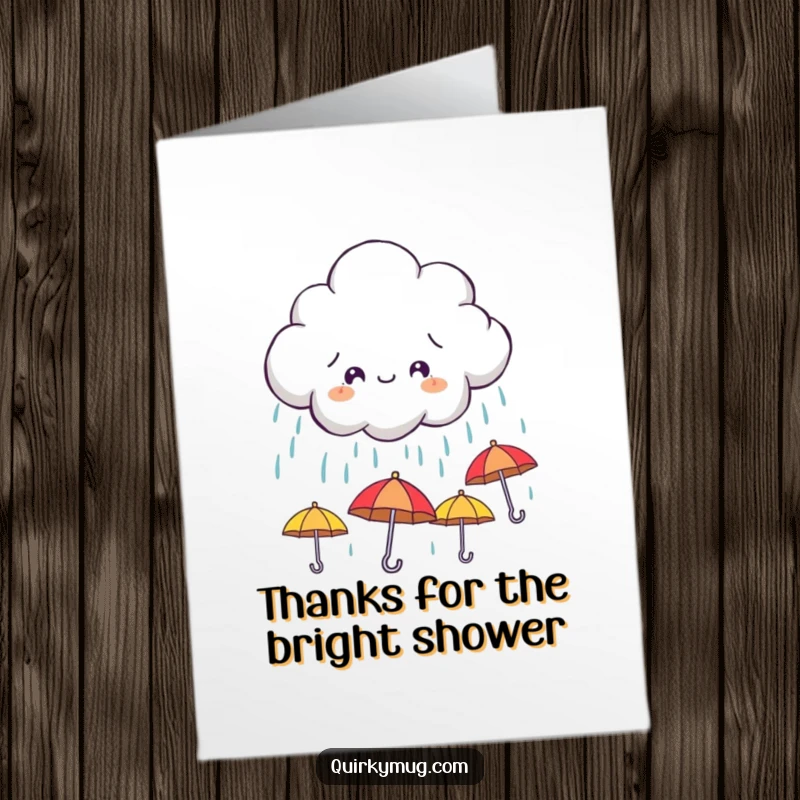 Funny Free Printable Thank You Card: A mischievous cloud character raining tiny, smiling umbrellas, expressing thanks.