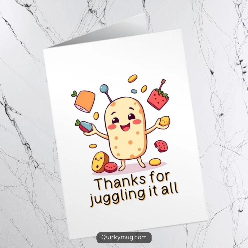 Funny Free Printable Thank You Card: Cheerful food character juggling thanks with a playful, humorous vibe.
