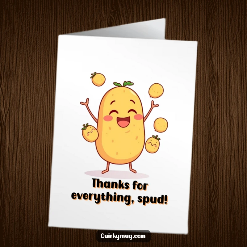 Funny Free Printable Thank You Card: Clumsy potato character is hilariously juggling, showing gratitude with a comical twist.
