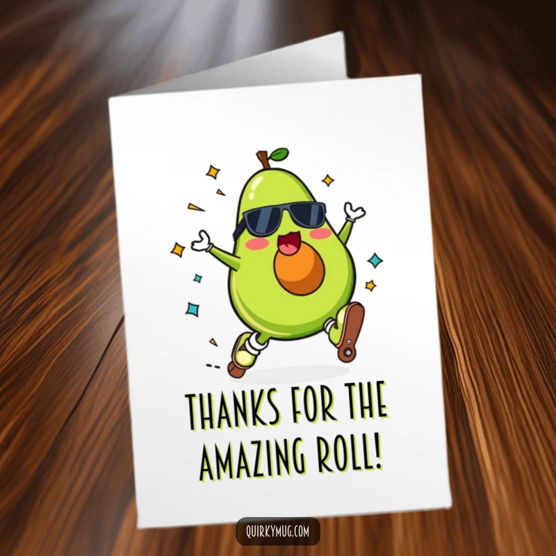 Funny Free Printable Thank You Card of a Kawaii avocado failing at roller skating, a great downloadable gift.