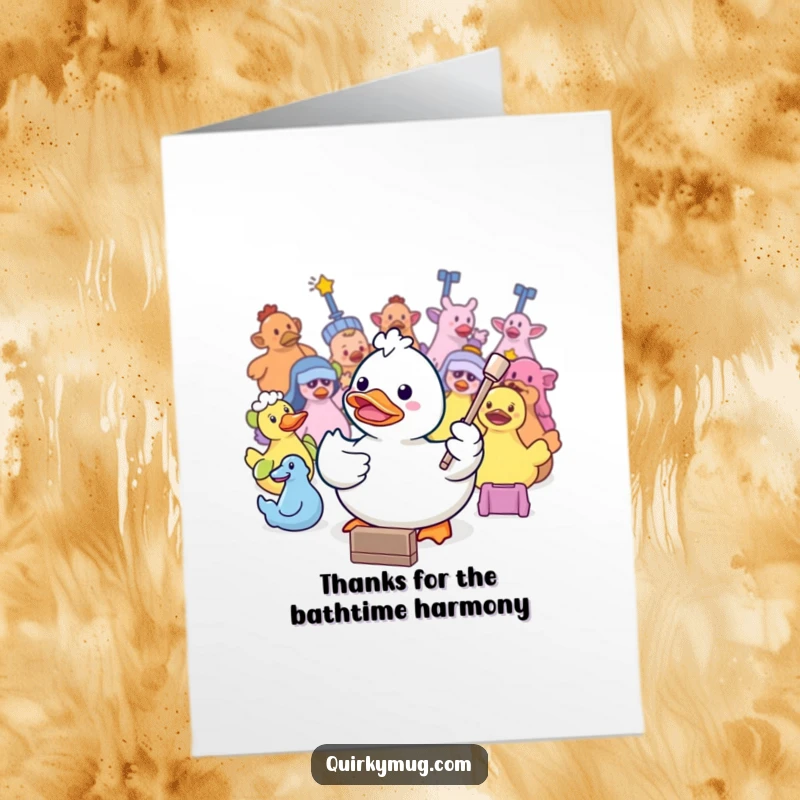 Funny Free Printable Thank You Card: Kawaii rubber duck conductor leading bath toys, baton raised in thanks.