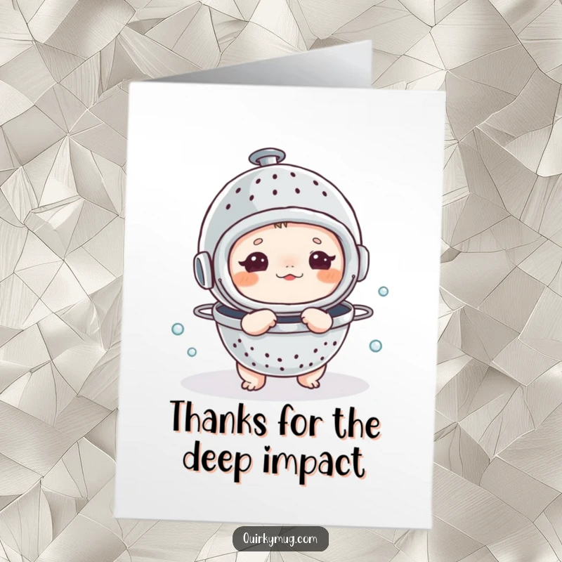Funny Free Printable Thank You Card: A creature in a colander helmet gives a thumbs-up, showing thanks.