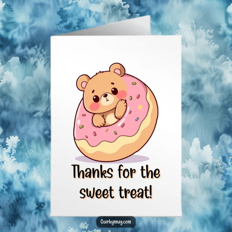 Funny Free Printable Thank You Card: Bear comically tripping over a giant rolling donut, expressing thanks.