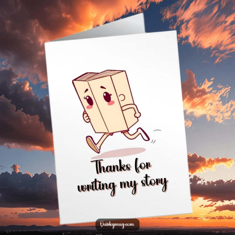 Funny free printable thank you card featuring a book character with arms and legs racing, conveying thanks for support and effort.