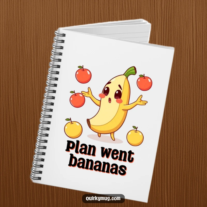 Funny notebook cover featuring a surprised banana character slipping on its peel while juggling apples.