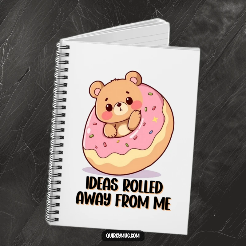 Funny notebook: Cheerful bear character tripping over a giant rolling donut, looking surprised, a fun funny gift.