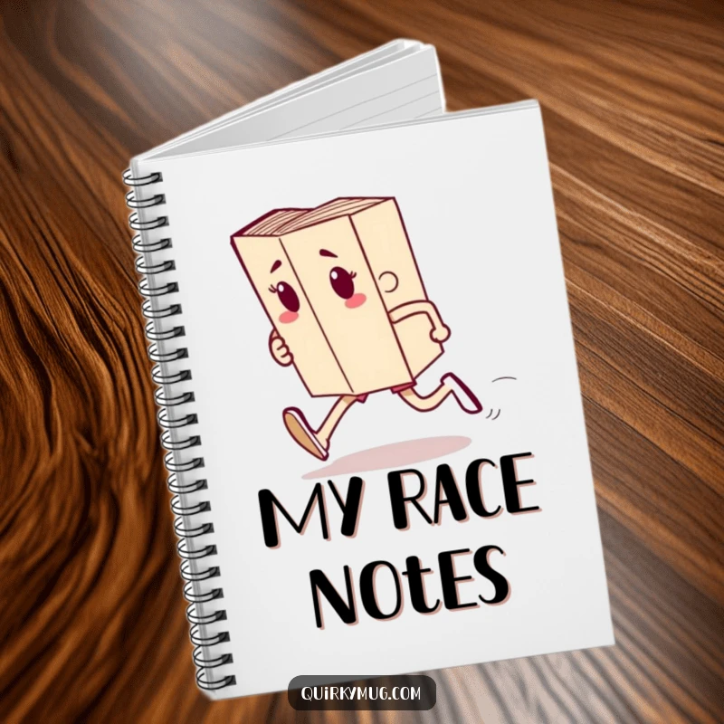 Funny notebook cover with a book character running a race, encouraging creative writing and reading logs with humor.