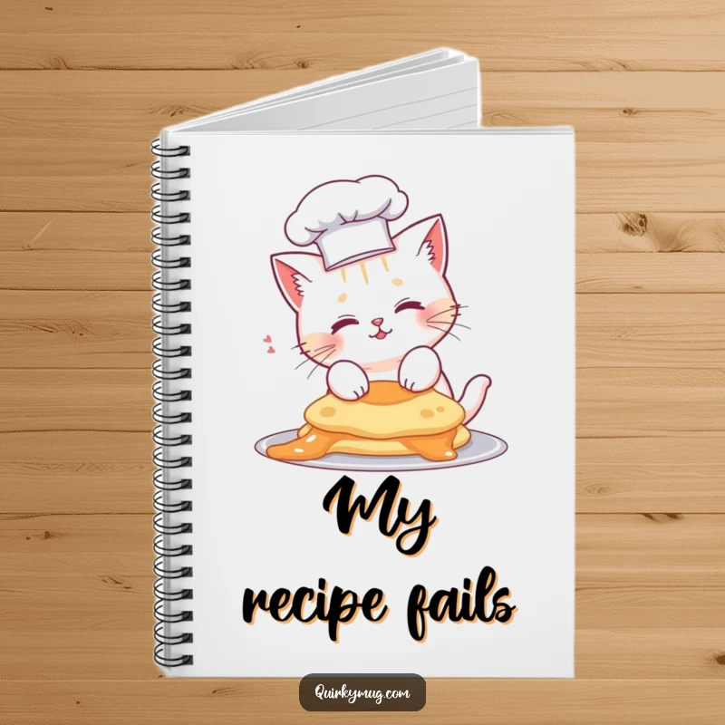 Funny cat chef notebook, cute cat wearing a chef hat, accidentally flips pancake onto head, for recipe writing.