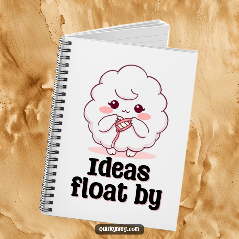 Funny notebook cover with a fluffy cloud character humorously knitting using its own mist, inspiring creativity.