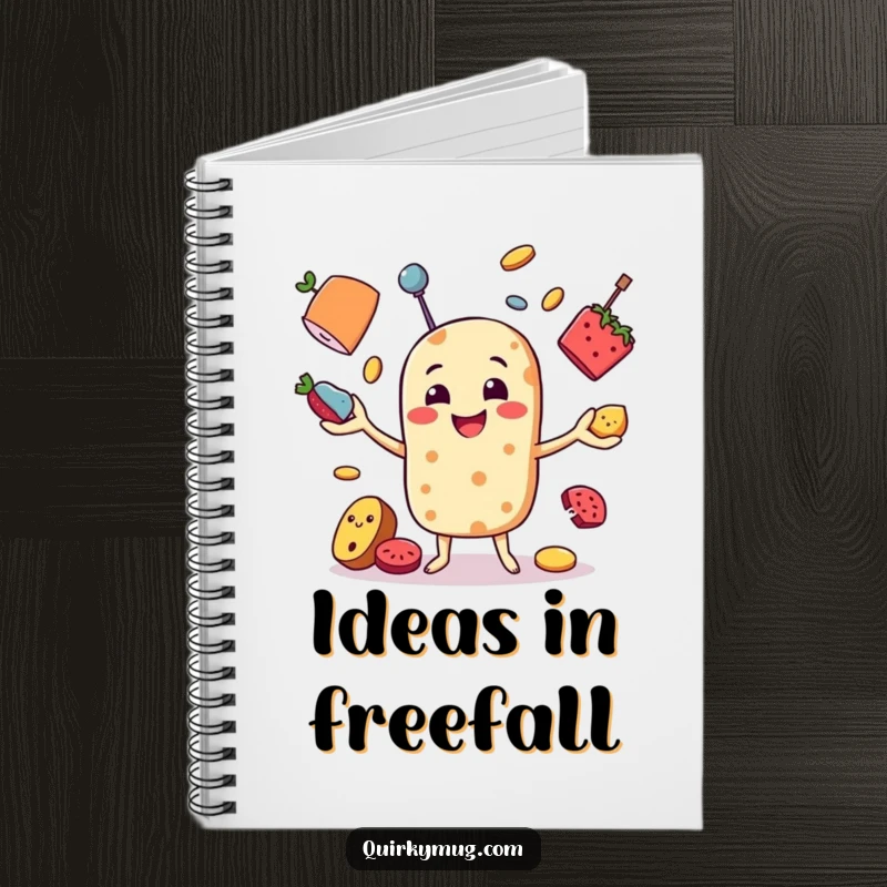 Funny notebook with a smiling food character juggling various items on the cover, perfect for jotting down humorous notes.