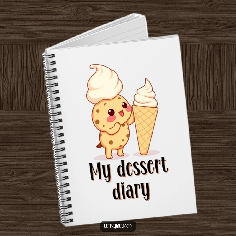 Funny Kawaii cookie character reaching up to lick a huge ice cream cone on a notebook, looking determined.