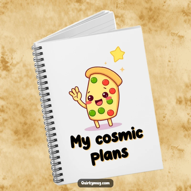 Funny Kawaii pizza slice character reaching for a distant star on the cover of this inspiring notebook.