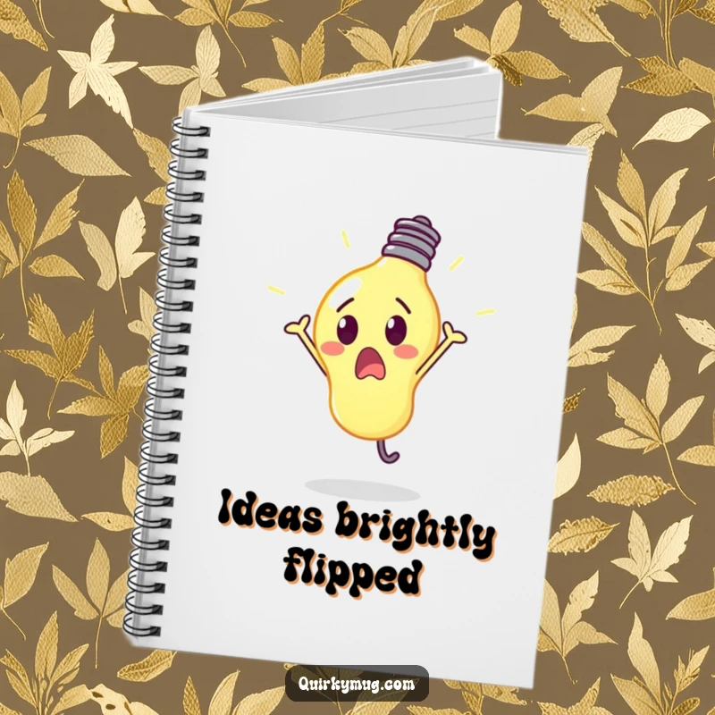 Funny surprised lightbulb character glowing brightly while cartwheeling, an inspirational notebook cover.