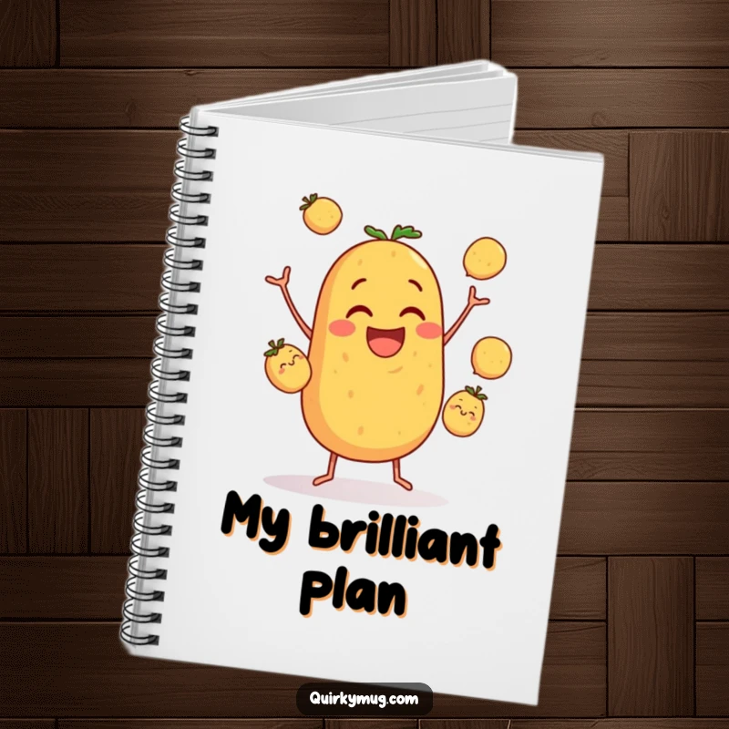 Funny notebook cover showing a clumsy potato character attempting to juggle three small potatoes, inspiring funny notes and doodles.