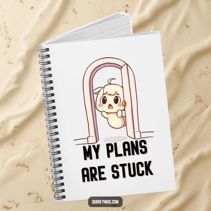 Funny notebook with a surprised character comically stuck in a tiny doorway, ideal for notes and humorous inspiration.