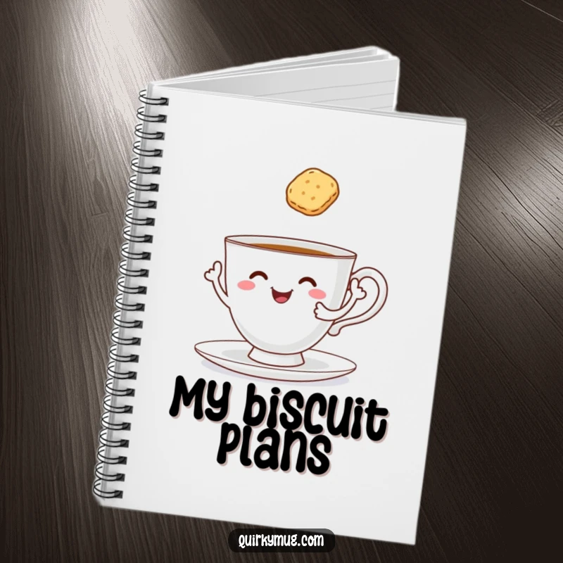 Funny cheerful teacup with arms reaching for a floating biscuit on a notebook cover.