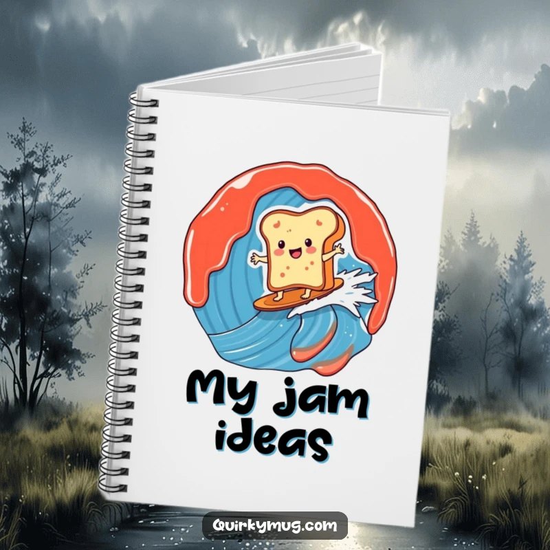 Funny notebook cover with a smiling toast character surfing a big jam wave, inspiring creativity with a breakfast theme and playful art.
