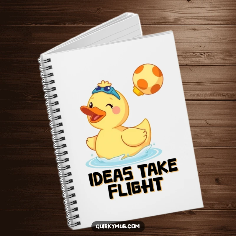 Funny notebook cover featuring a cheerful giant rubber duck wearing swim fins and doing a cannonball.